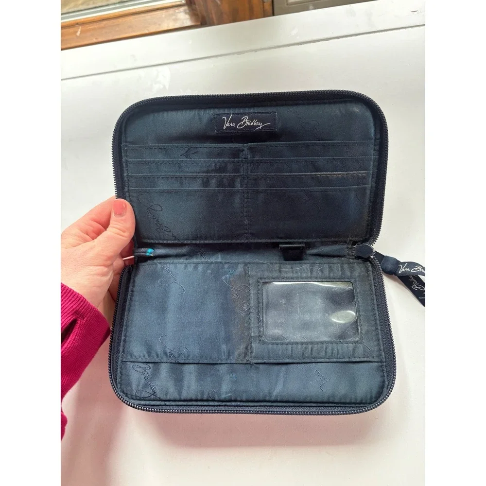 Vera Bradley Zip Around Wallet Navy Blue Quilted Floral Cotton‎